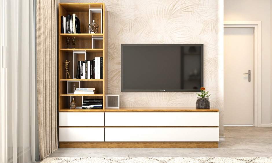 Living room in 1 bhk interior design with wall-mounted tv unit.