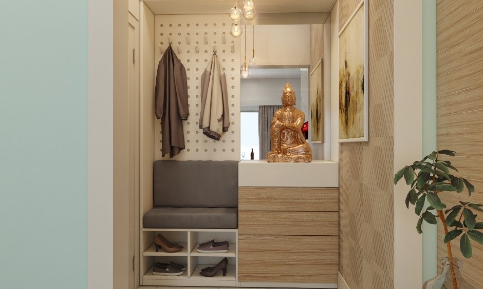 1bhk home interior design with foyer unit with handleless drawers for storage