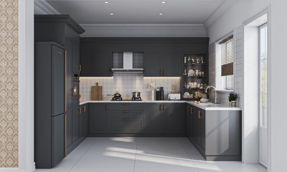 A U-shaped kitchen home interior design with black matte finish cabinets that add a sleek look