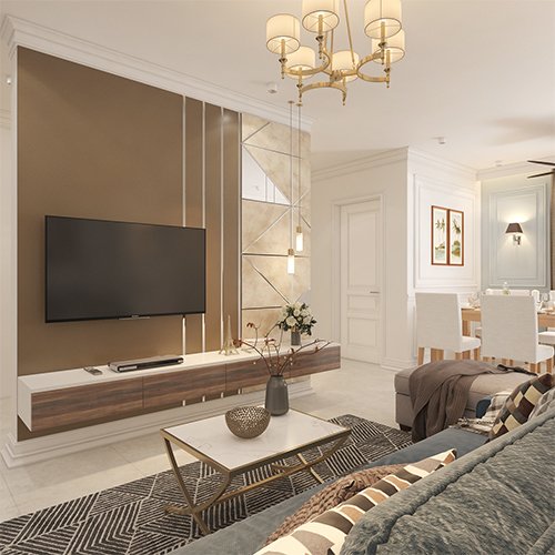 Affordable interior designers in Banjara Hills designed a living room with floating TV unit
