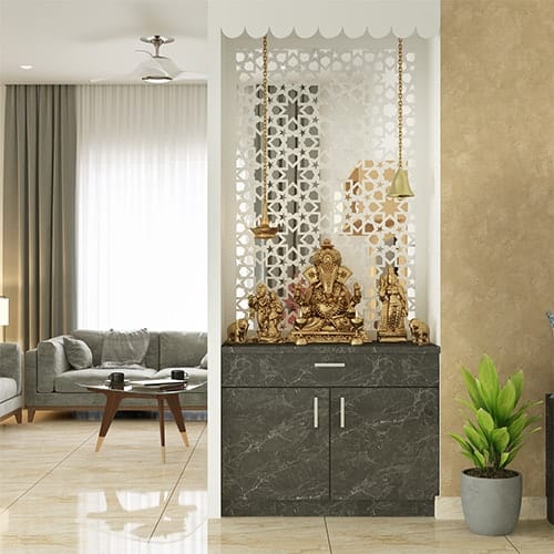 Affordable interior designers in Whitefield created a living room with a pooja unit