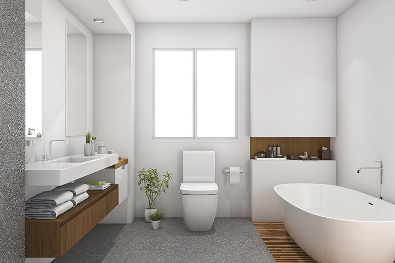 Bathroom floor tiles design ideas with wooden style flooring on the tub side and grey bathroom floor tiles on the commode side