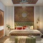 Warm tray false ceiling with wooden panel and chandelier showing modern bedroom ceiling design ideas for Indian homes