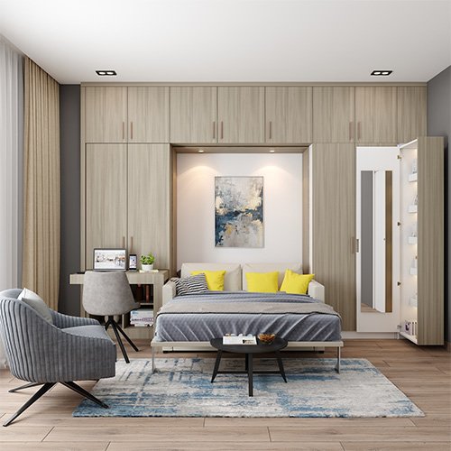 Bedroom designers in Banjara Hills designed a bedroom with space saving solutions