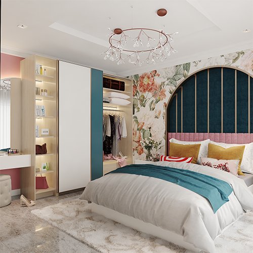 Bedroom interior designers in Gachibowli designed a bedroom with wardrobe and dressing unit