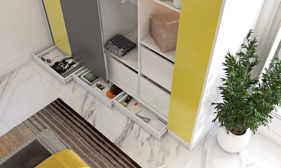 Bedroom interiors with sliding door wardrobe in yellow and skirting drawers in grey