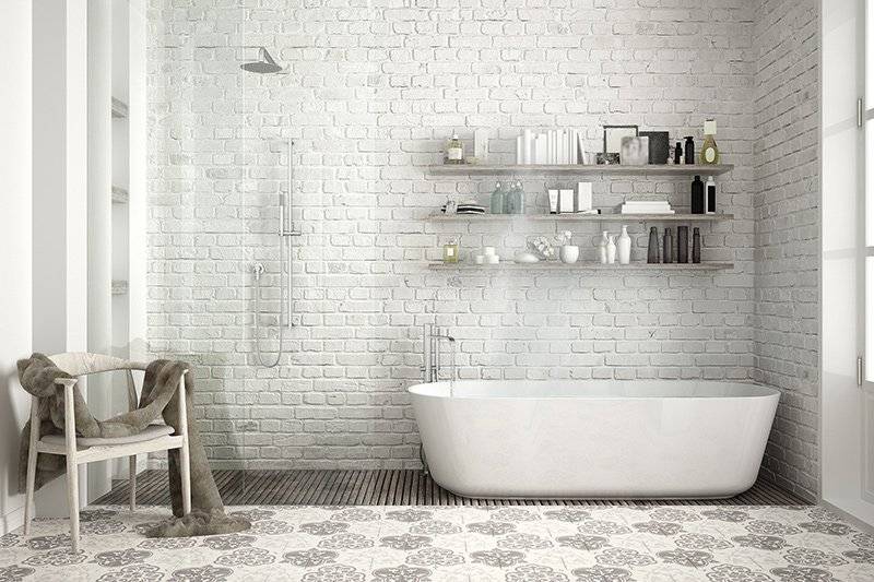 Best tile for bathroom floor with white colour bricks on the wall and grey flower prints on the floor for bathroom floor tiles design