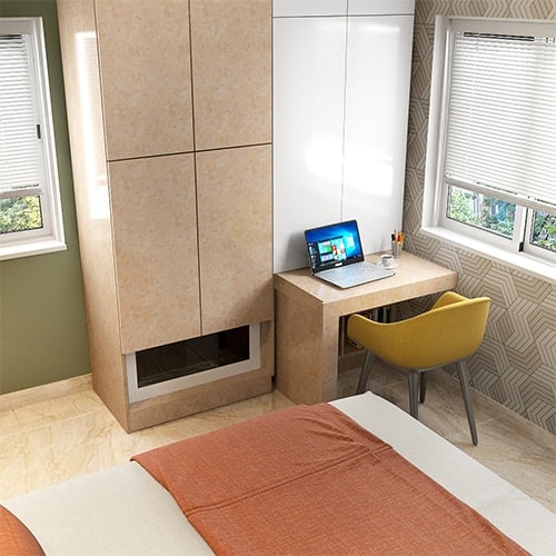 Budget interior designers in Hebbal designed a wardrobe with a pull-out study table