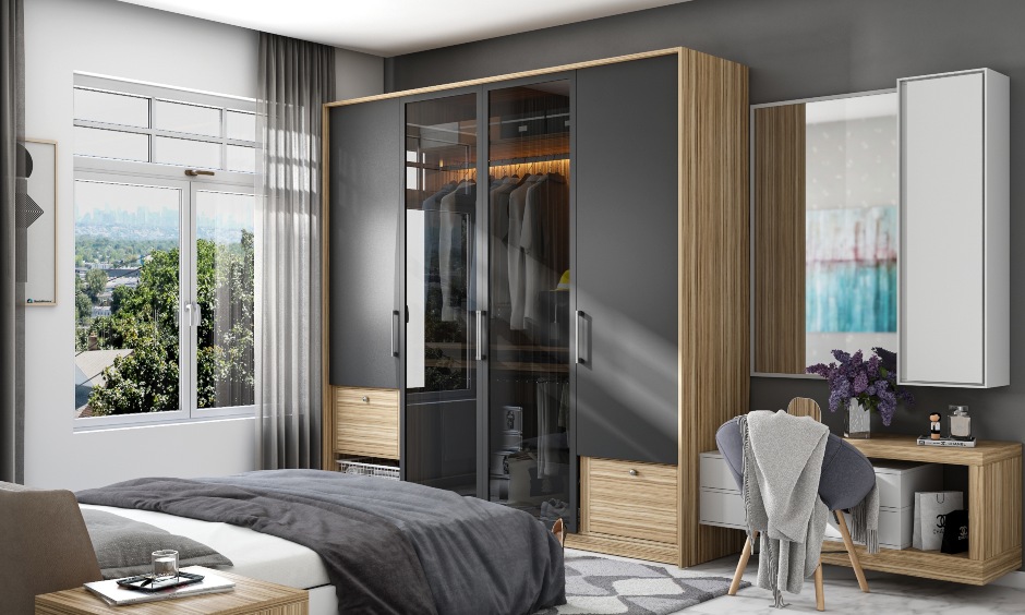 Classic mens wardrobe with tinted glass shutters
