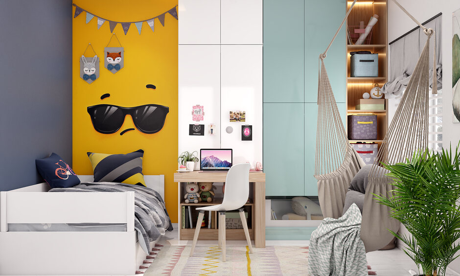 Cool kids bedroom with work station and swing.