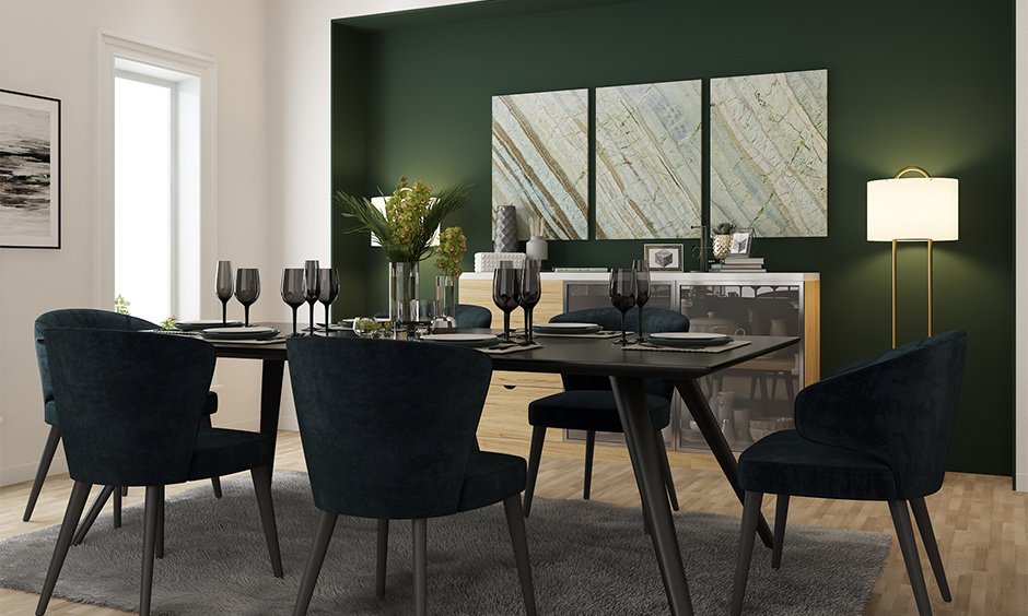 Dark-themed luxury dining room with tables and chairs