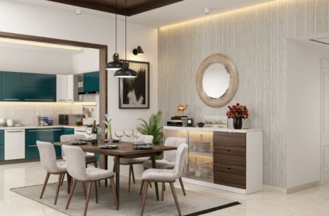 Modern dining room layout with wooden table, balanced lighting and open, clutter-free seating space