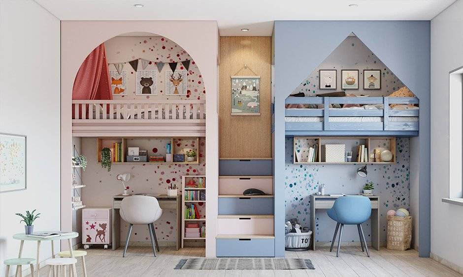 Double loft bunk bed in blue and pink with desk underneath