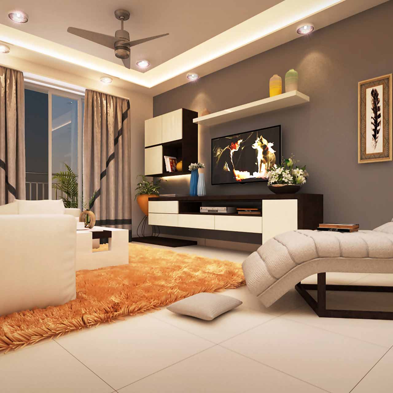 Eclectic style living room design with a bold couch, a coffee table with a metallic glint and pillows