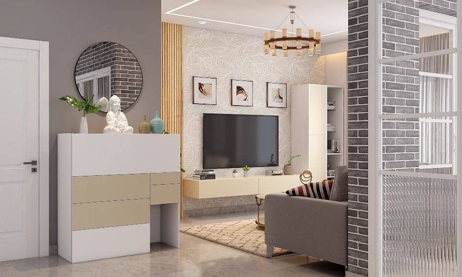 Industrial rustic living room with entryway design features handle less shoe cabinet and round glass mirror
