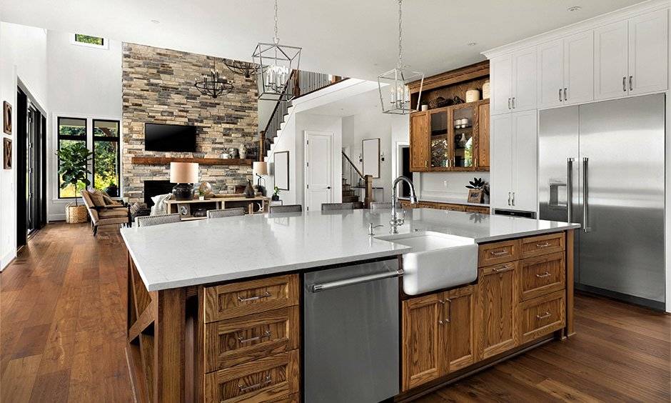 Farmhouse style dining table in open kitchen living room