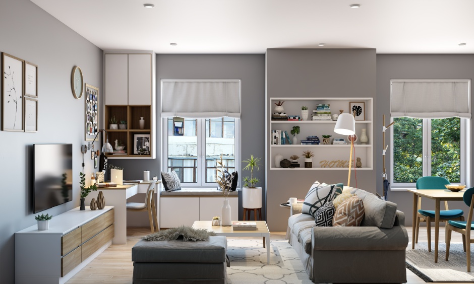 Floating sofa layout in a modern living room creates an open, airy feel with better space flow.