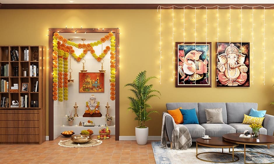 Ganesh chaturthi decoration with LED lights illuminating the festive atmosphere