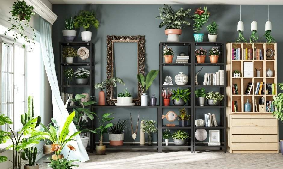 Drawing room design using interior decoration items and ideas like wall decoration, green plants and climbers, gardens, high chairs, stylish chairs, tables.