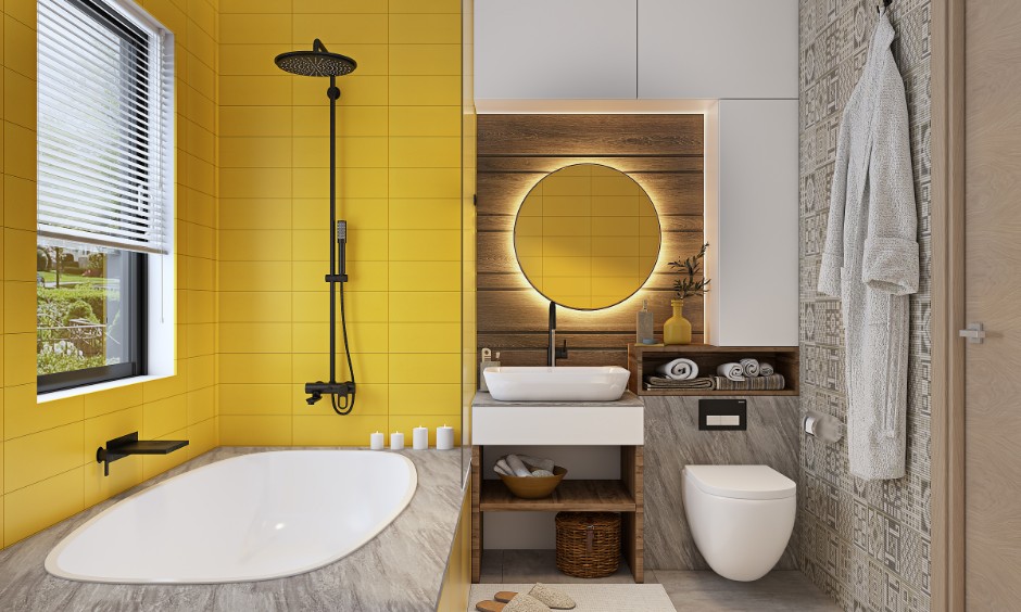 Grey and yellow bathroom interior featuring a round mirror with backlighting and wood panel.