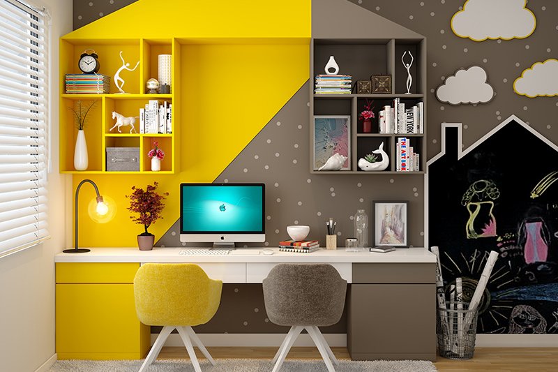 Two Kids study table DIY, Yellow and brown