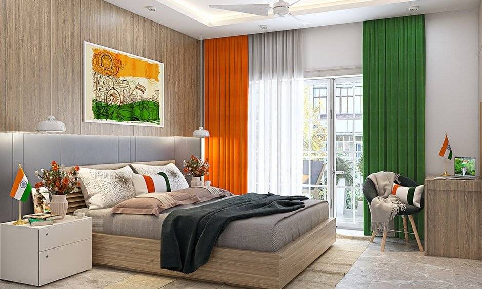 Independence day decoration ideas for your bedroom with soft flowing curtains in orange, white and green