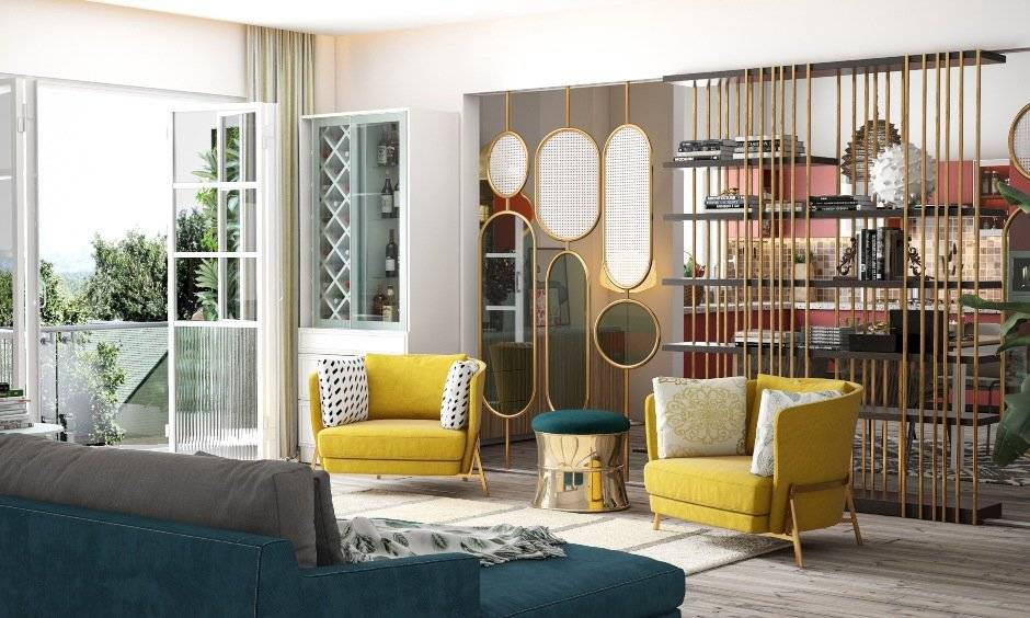 Small drawing room design showing stylish yellow chairs, latest sofa designs, centre table design, arch design, wooden corner designs for drawing room.