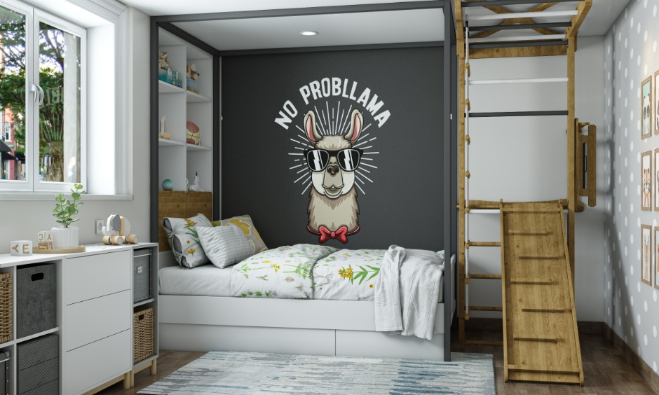 Inexpensive wall decor ideas for kids' playrooms, featuring colour blocking, chalkboard paint, and peel-and-stick decals.