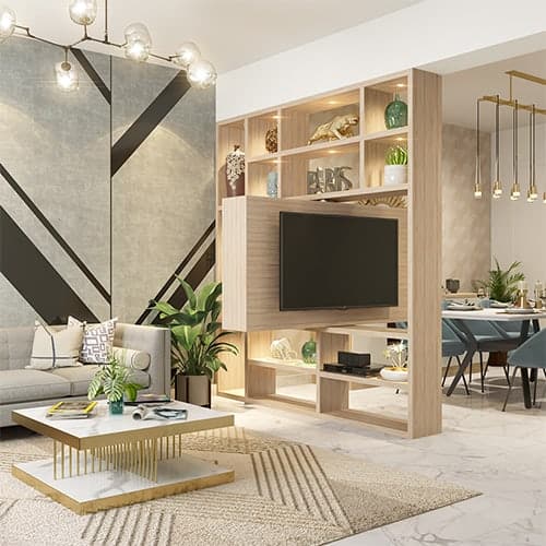 Interior design company in Whitefield designed a swivel TV unit for space saving