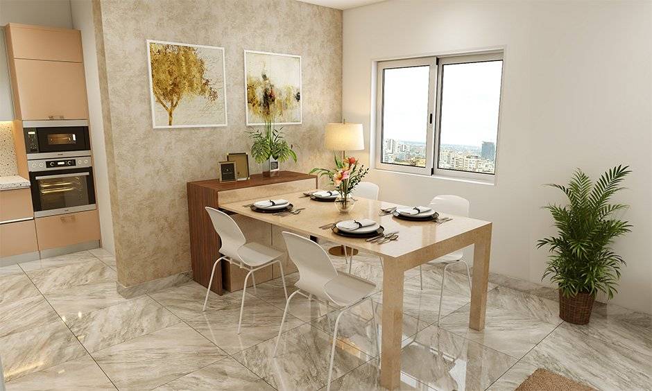 Kid-friendly living room with a foldable dining set Kid-friendly living room with a foldable dining set doubles up as a helpful side cabinet