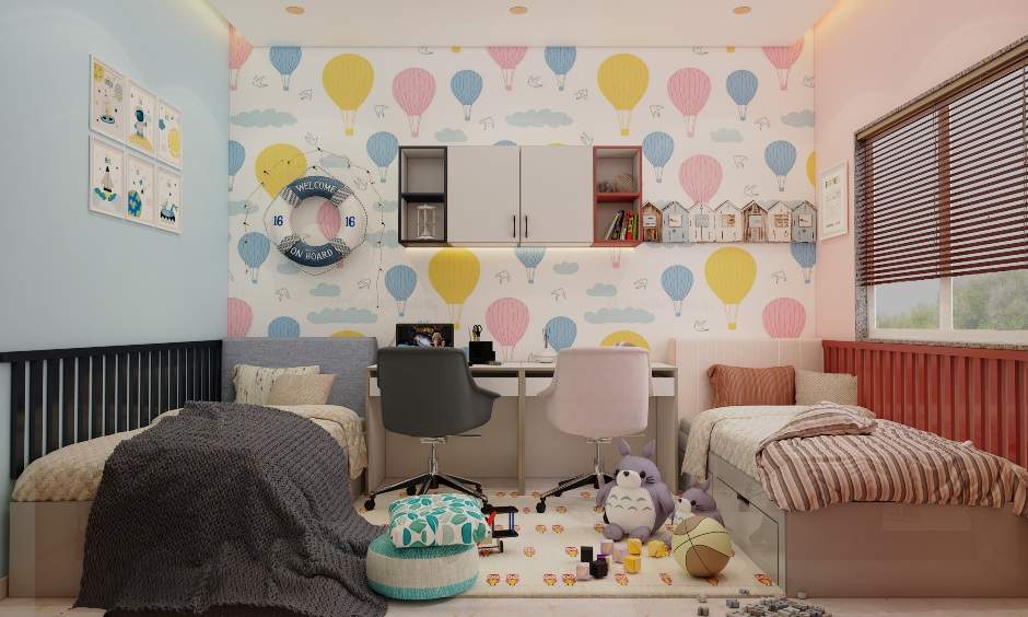Kids bedroom with two single beds features storage drawers