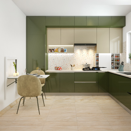 Kitchen design in Coimbatore in L-shaped with a wall mounted dining table