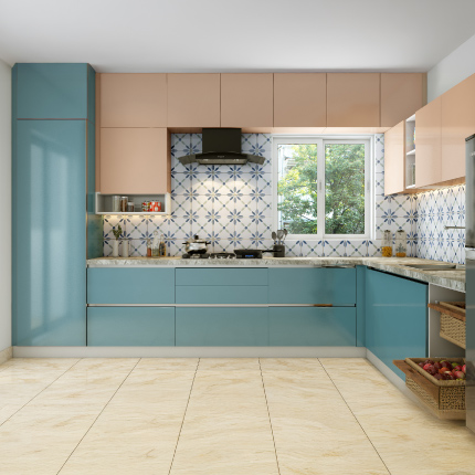 Kitchen design in Mumbai in L-shaped with blue and beige cabinets