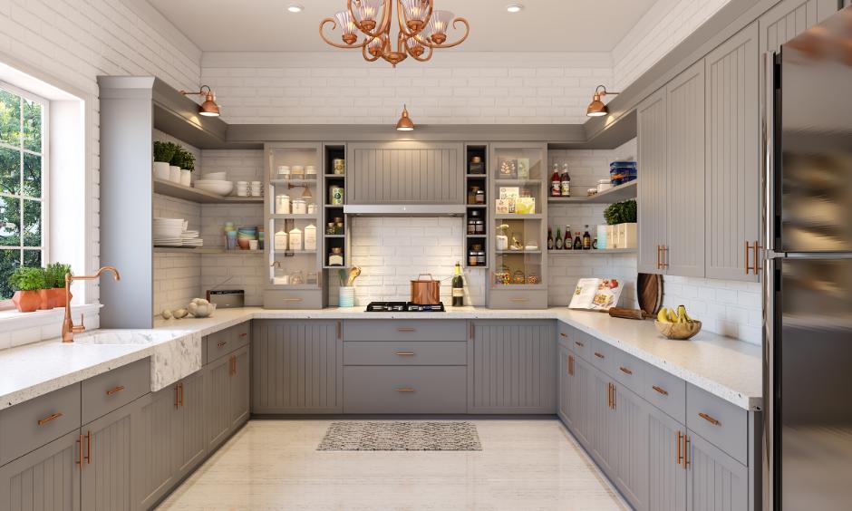 Modular kitchen interior design in grey colour with smart storage options
