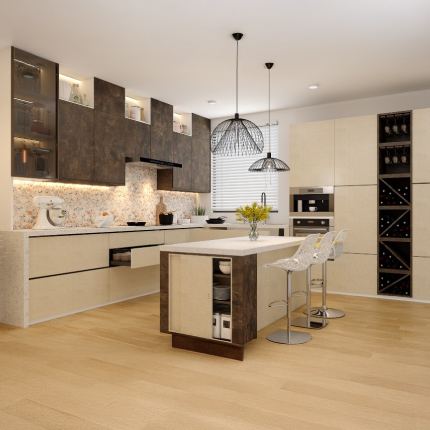 Modern kitchen island design for luxury homes in Coimbatore