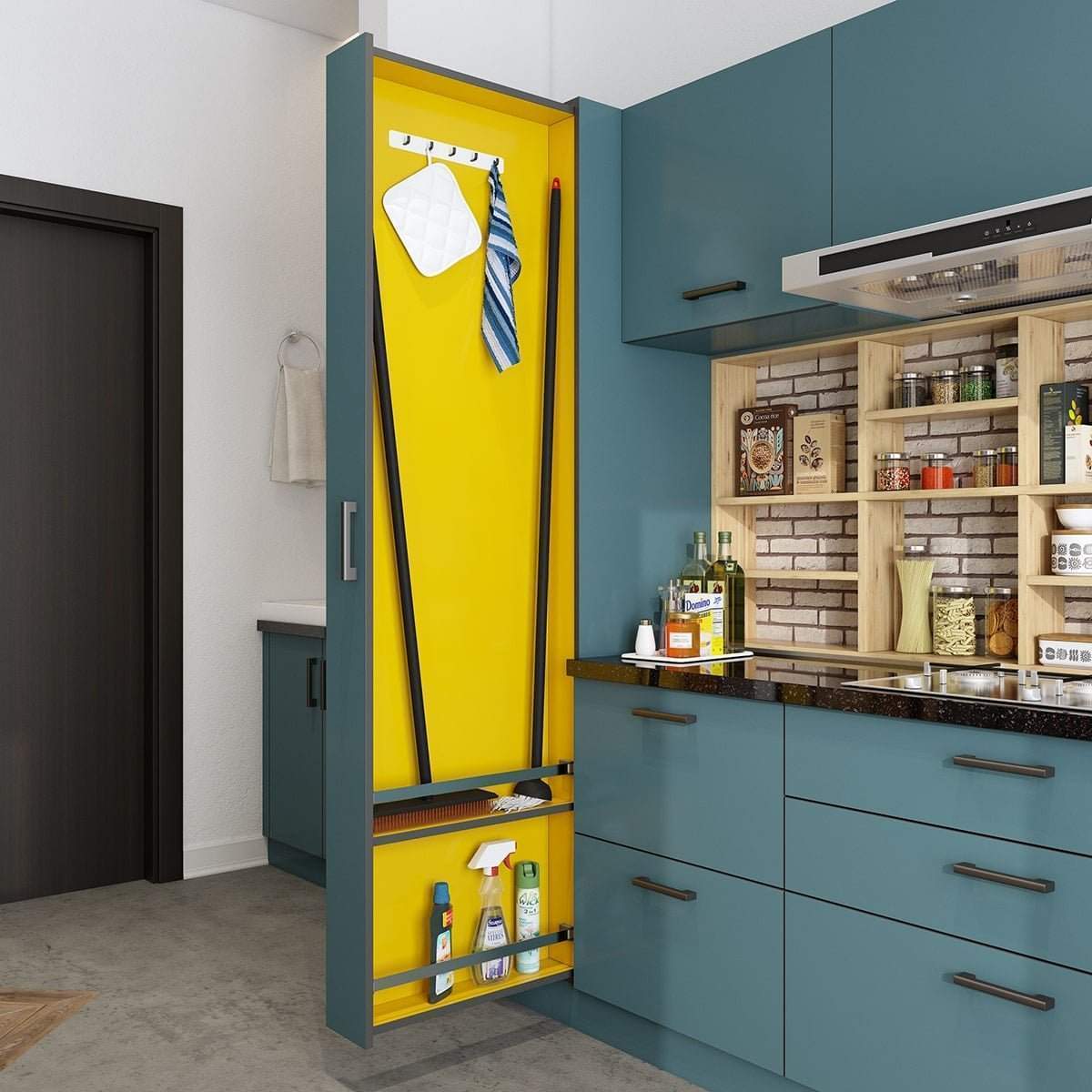 Kitchen Space Saving Janitor Pull Out Unit in simple kitchen design for small space