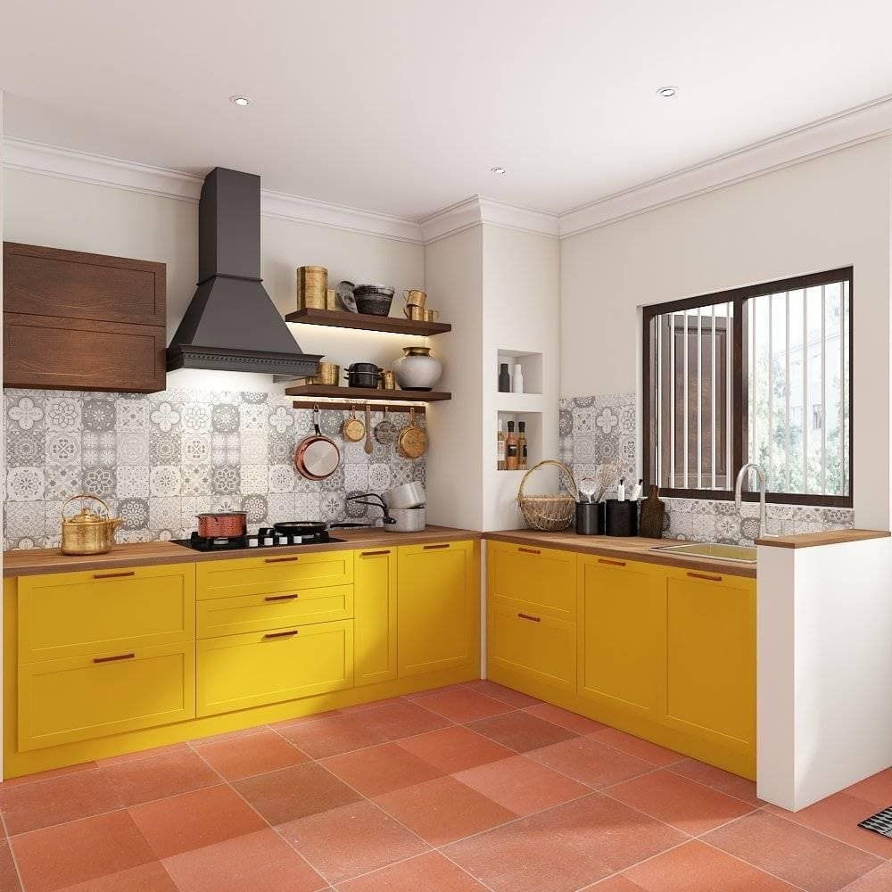 Modular kitchen design in Thoraipakkam Chennai with a l shape and floating shelves