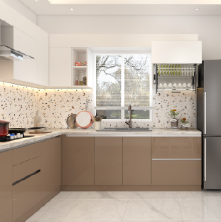 L-shaped modular kitchen with beige cabinets, tailored for modern Bhubaneswar homes