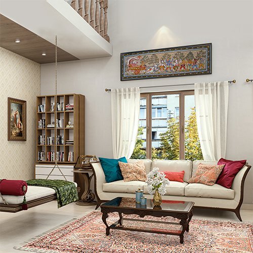 Living room designers in Banjara Hills designed a living room with book cabinet