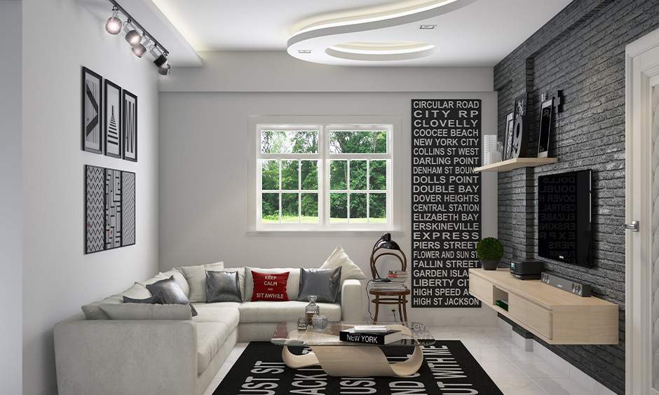 Modern living room featuring a stylish TV unit with storage, and it costs almost Rs. 1,00,000