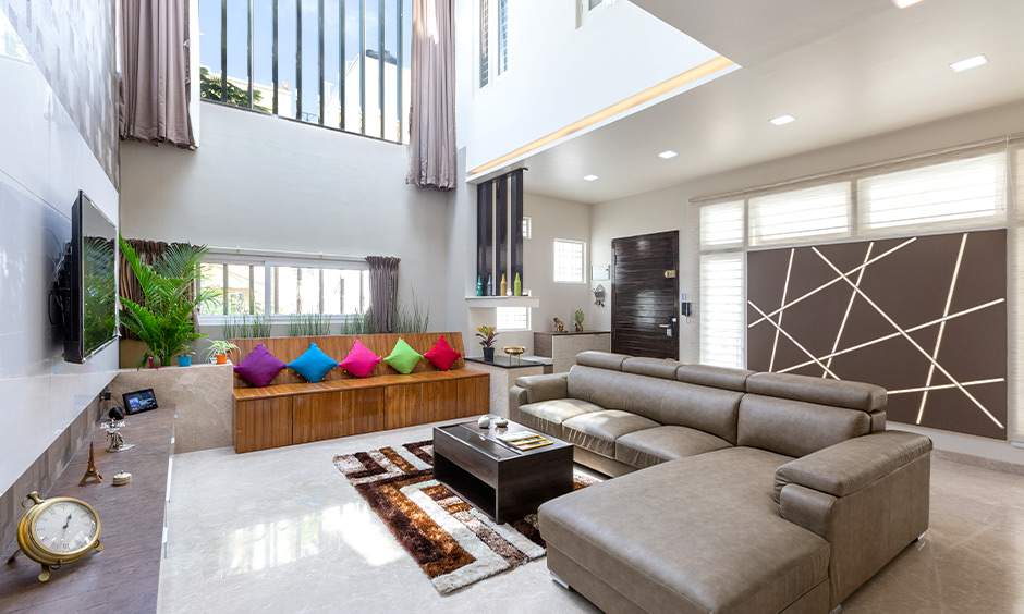 Spacious living room with L-shaped sofa set