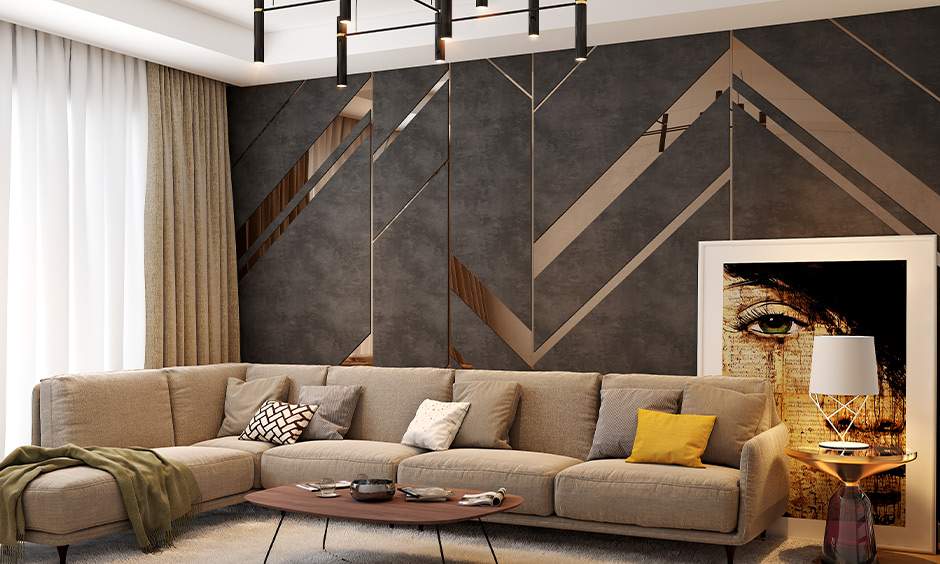 Cosy living room with wooden wall design and wallpaper costing Rs. 10000
