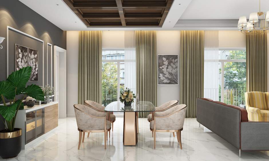 A luxurious drawing room interior featuring elegant marble flooring and rich hardwood accents.
