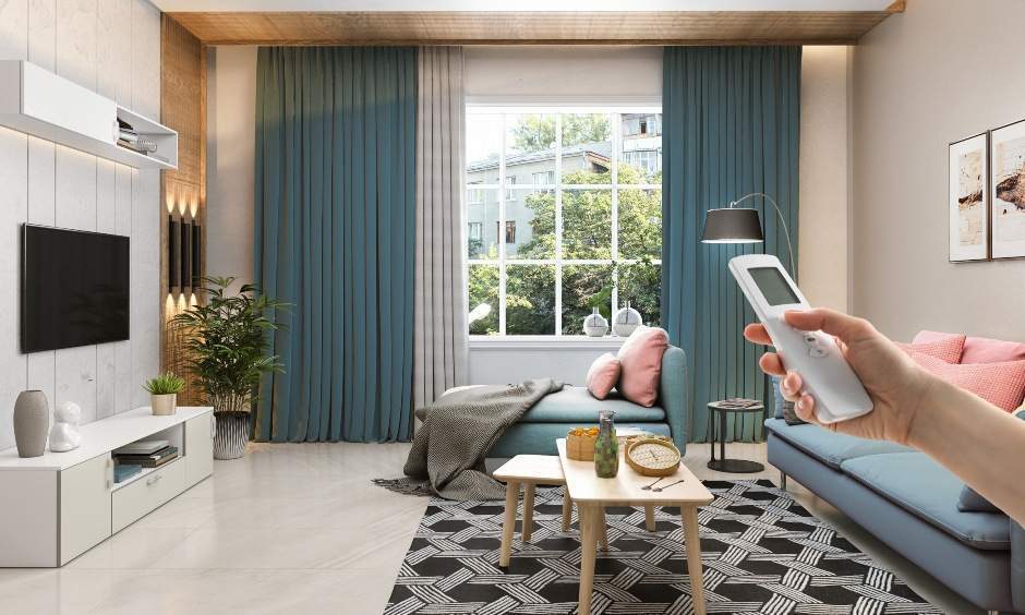 A luxurious drawing room with smart home technology, featuring hidden speakers and automated curtains.