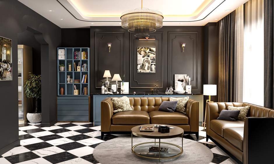 An elegant drawing room design with a crystal chandelier and stylish lighting for a glamorous ambience.