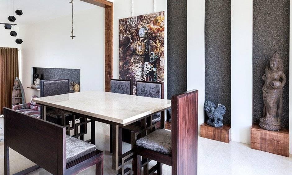 Luxury formal dining room sets with six velvet chairs in open dining cum living room