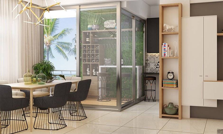 Luxury dining room with futuristic furniture and mosaic light fixture