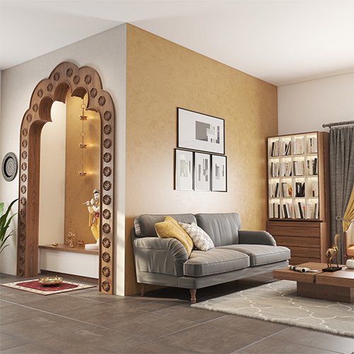 Luxury interior designers in Gachibowli Hyderabad created living room with pooja unit