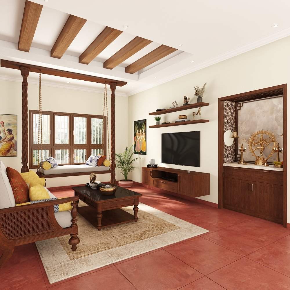 Luxury interior designers in Thoraipakkam designed living room with pooja unit