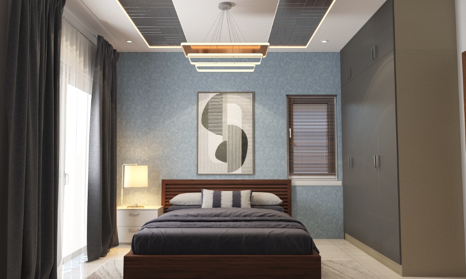 Master bedroom false ceiling using gypsum panels and chandelier showing practical ceiling material ideas